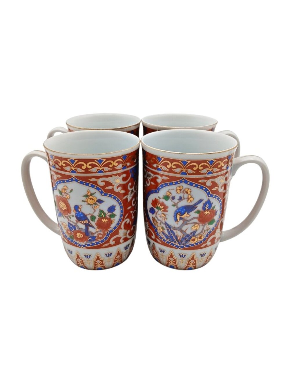 Set of 4 Japanese Kutani Style Imari Ware Porcelain Mugs Bird Floral Gold Trim